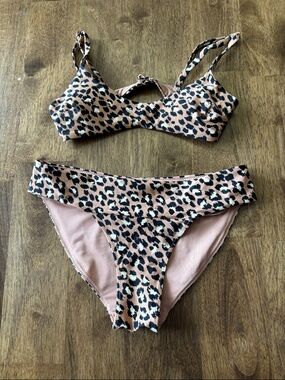 aerie Leopard Print Bikini Set - Taupe & Black